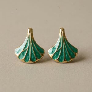 Korean Style Fan Shaped Enamel Stud Earrings with Gold-Tone Frame for Women