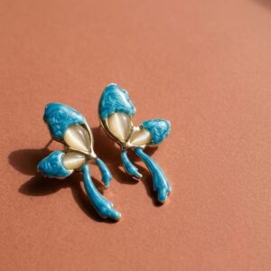 Korean Style Ribbon Bow Enamel Stud Earrings with Cat's Eye Stones for Women