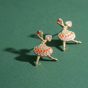 Korean Style Ballerina Dancer Stud Earrings with Red Crystal and Enamel Dots for Women