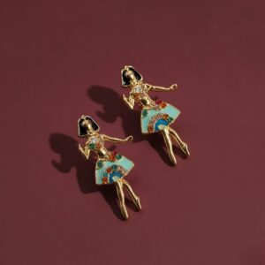 Korean Style Girl Doll Stud Earrings with Black Hair, Mint Skirt and Rainbow Crystals for Women