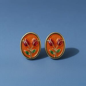 Vintage Style Oval Enamel Stud Earrings with Red Tulip Flowers and Gold-Tone Frame for Women