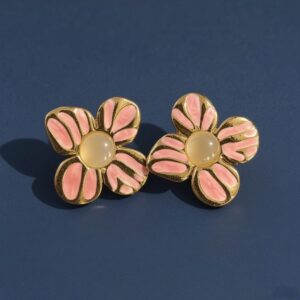 Korean Style Hammered Gold-Tone Flower Stud Earrings with Enamel Stripes for Women