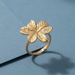 Gold-Tone Adjustable Flower Ring with Leaf Texture for Women