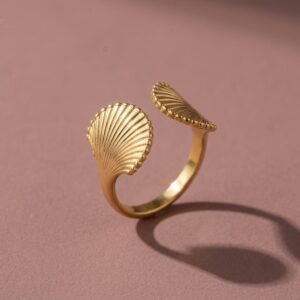 Gold-Tone Open Seashell Ring with Beaded Edge for Women