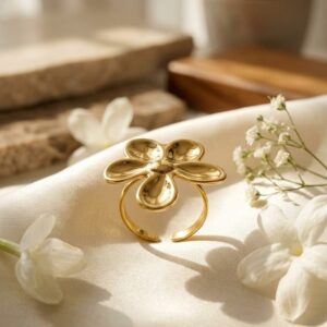 Gold-Tone Open Five Petal Flower Ring with Glossy Finish for Women