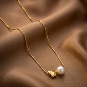 Gold-Tone Butterfly and Pearl-Look Pendant Necklace with Snake Chain for Women