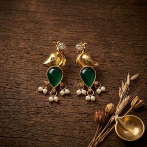 Gold-Tone Peacock Style Bird Earrings with Green Stone and Pearl Drops for Women