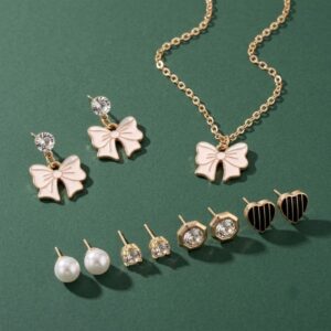 Gold-Tone Pink Bow Necklace and Earrings Set with 4 Pairs of Studs for Women