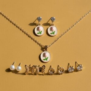 Gold-Tone Pink Tulip Pendant Necklace and Earrings Set with 4 Pairs of Studs for Women