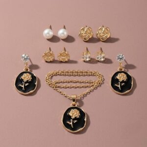 Gold-Tone Black Rose Pendant Necklace and Earrings Set with 4 Pairs of Studs for Women