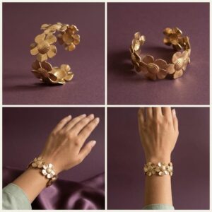 Gold-Tone Daisy Flower Open Cuff Bracelet with Textured Petals for Women