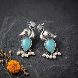 Oxidised Silver-Tone Peacock Style Bird Earrings with Aqua Stone and Pearl Drops for Women