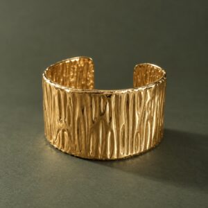 Gold-Tone Wide Textured Open Cuff Bracelet with Glossy Finish for Women