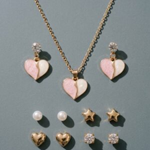 Gold-Tone Pink and White Heart Pendant Necklace and Earrings Set with 4 Pairs of Studs for Women