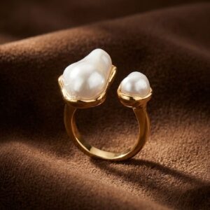 Gold-Tone Open Double Baroque Pearl-Look Ring for Women