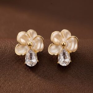 Korean Style Cream Pearl Enamel Flower Stud Earrings with Crystal Drop for Women